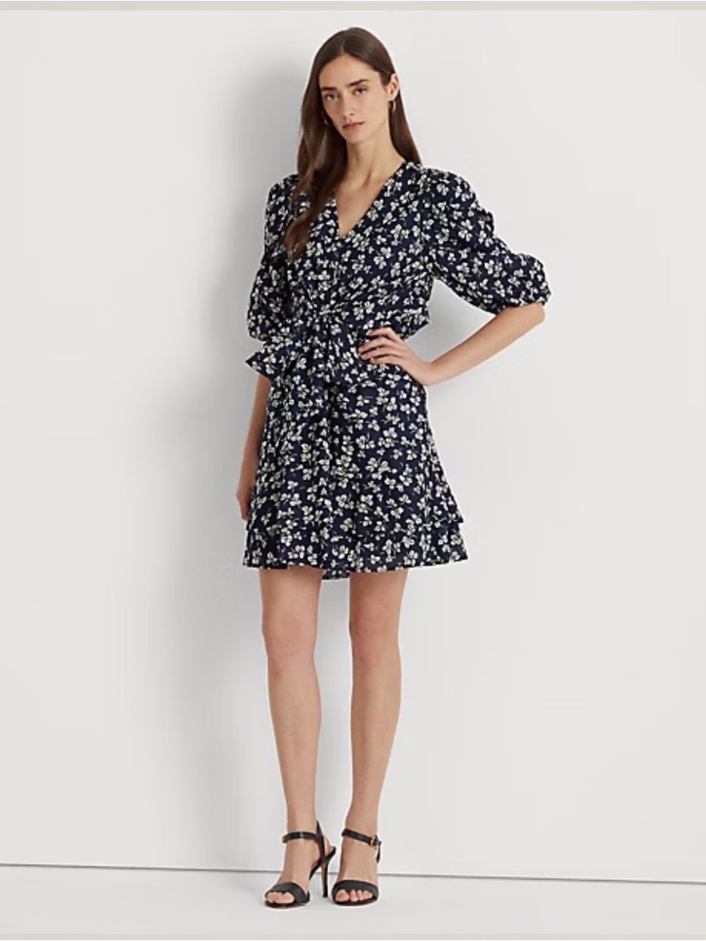 Lauren Ralph Lauren Navy and White Floral Tie-Front Mini Dress